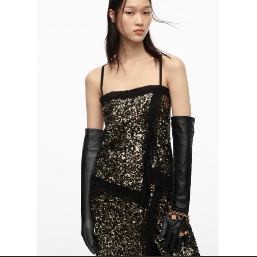 ZARA Limited Edition SEQUIN Chiffon Trimmed Black TOP sz.XS